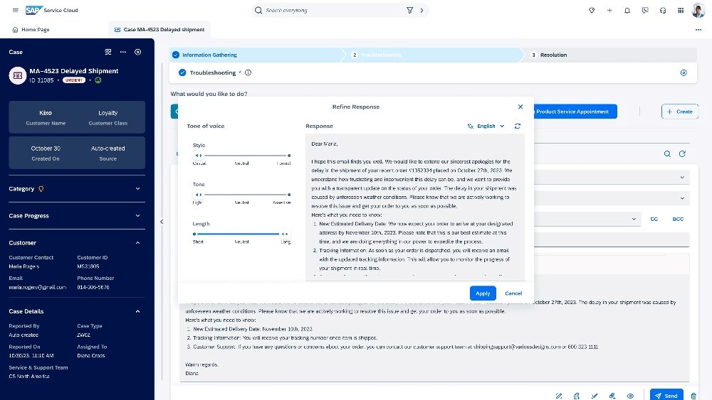Screenshot of SAP's Service Cloud AI-Powered email drafting capabilities.