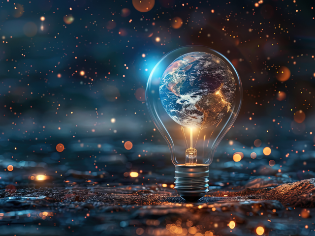 A lightbulb on black space background, inside the glowing bulb is planet Earth, signifying AI's innovation will have a global impact.