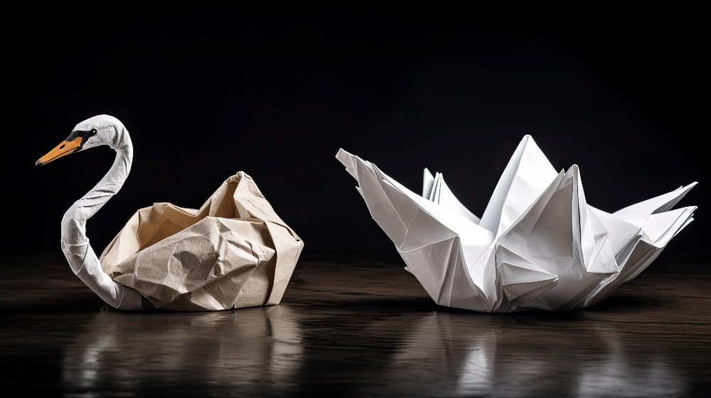 A crumpled paper transforming into a swan as a metaphor for the transformation of the CMO into the CXO.