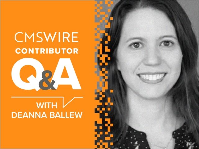 Illustration in orange backdrop and white lettering. Says on the left, "CMSWire Contributor Q&A With Deanna Ballew" and has Deanna’s headshot in black and white to the right.