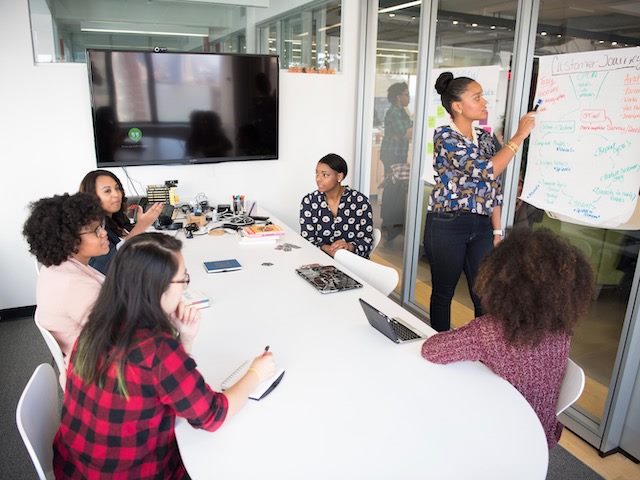 six women in a meeting, one standing and facilitating, discussion