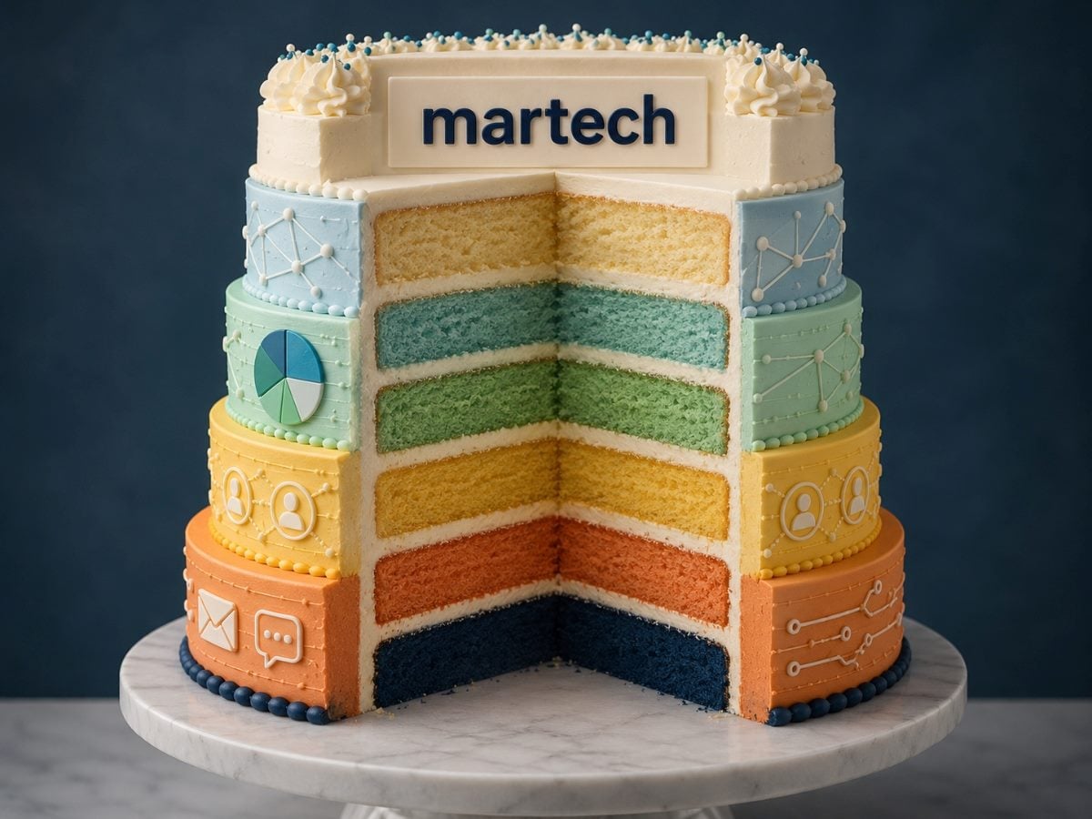 AI illustration of a large multi-layer cake shown in cross-section, revealing colorful interior layers stacked from bottom to top. The cake is decorated with technology and marketing-themed icons, while a single plaque at the top displays the word “martech.” The exposed layers symbolize the multiple technology layers that make up a modern marketing stack.