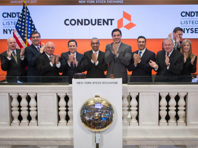 The Conduent team rang the bell at the New York Stock Exchange on Jan. 3, 2017. 