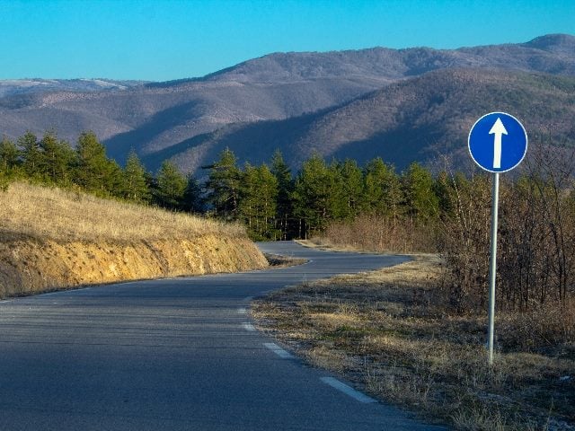  A curvy road with a road sign.