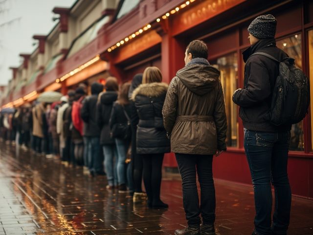 People line up waiting for stores to open for shopping.