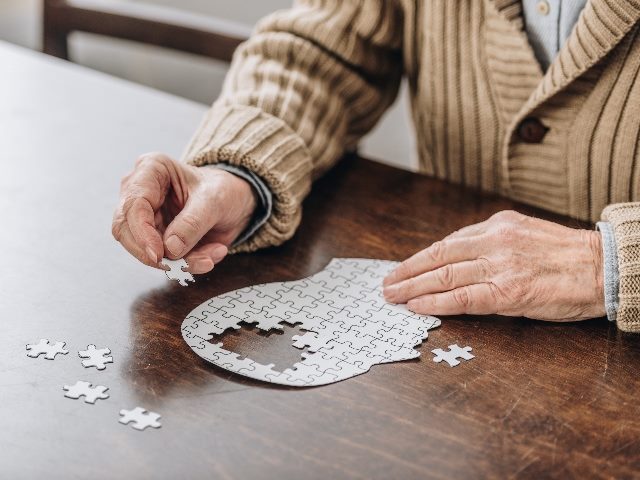  Cropped view of senior man playing with a puzzle in the shape of a brain.