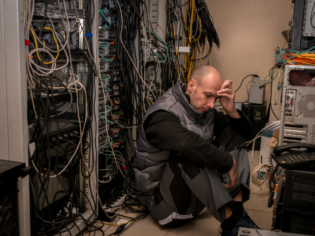A frustrated technician sits in a disorganized server room wit wires everywhere.