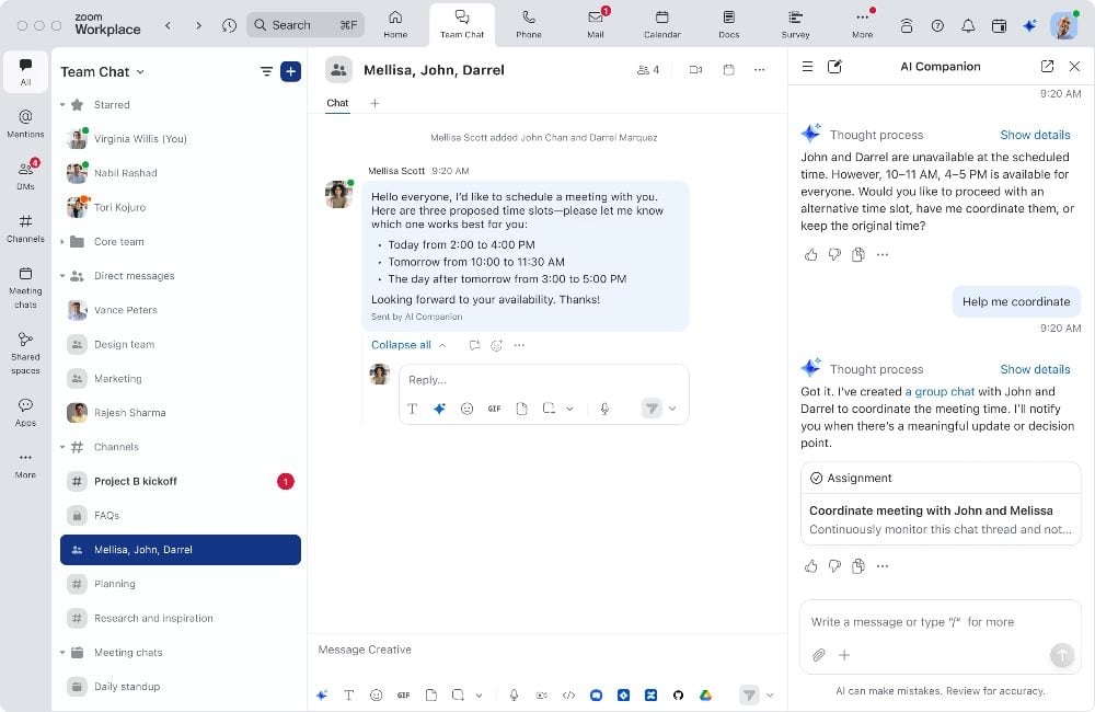 Screenshot of Zoom Workplace interface showing Team Chat with a scheduling message from AI Companion suggesting meeting times, alongside AI-generated coordination options in the right-hand panel.