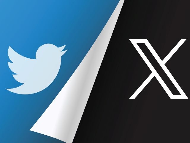 Twitter blue bird symbol on left being overlaid and peeled away by X's new logo. X is the new name and logo of the social network Twitter owned by Elon Musk.