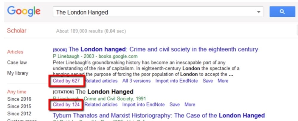 Screenshot of Google Scholar search results for “The London Hanged,” showing entries with citation counts such as “Cited by 627” and “Cited by 124,” along with links to related articles and versions.