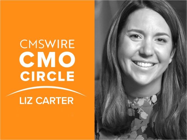 Featured image with "CMSWIRE CMO CIRCLE LIZ CARTER" written on the left in white with orange background and Liz's headshot in black-and-white to the right.