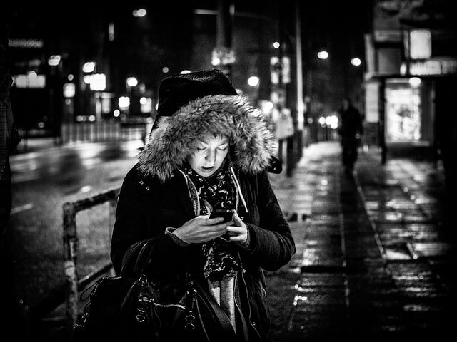 on the phone, night time
