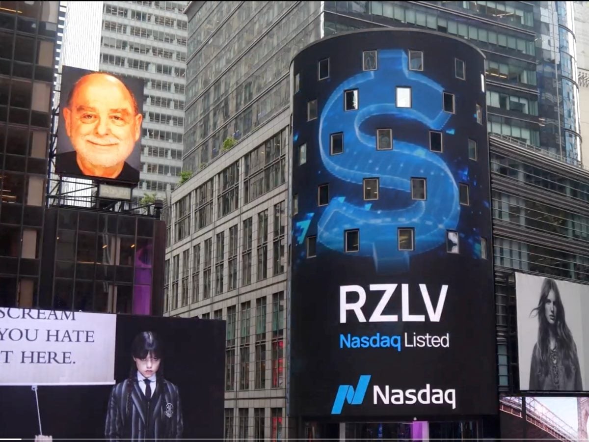Rezolve Ai branding displayed on the Nasdaq Tower in Times Square, marking the company’s first anniversary as a publicly traded firm.