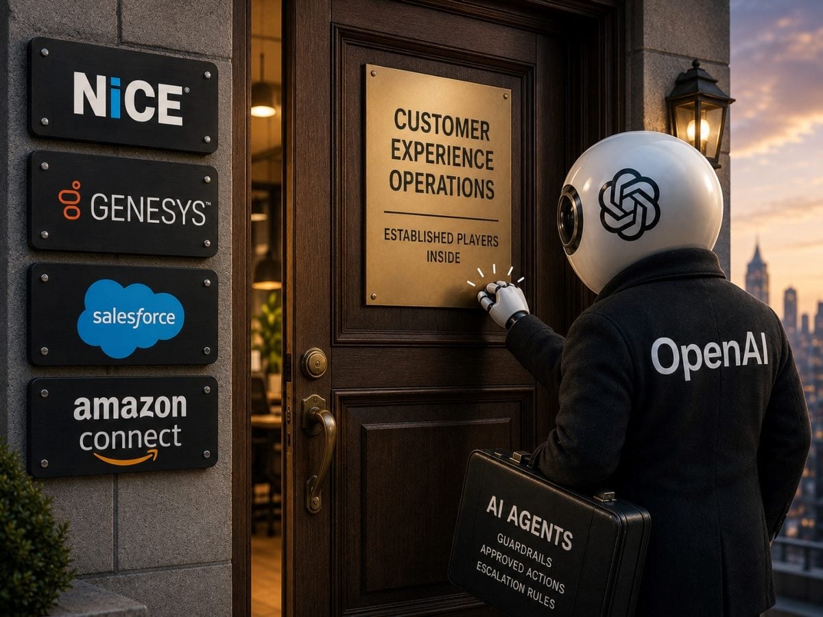 In an image created by AI, a humanoid robot wearing an OpenAI-branded coat and carrying an "AI Agents" briefcase knocks on the door of a corporate office labeled "Customer Experience Operations." Mounted beside the entrance are signs for NiCE, Genesys, Salesforce and Amazon Connect, symbolizing OpenAI's push into the enterprise contact center market and its challenge to established CX platform providers.