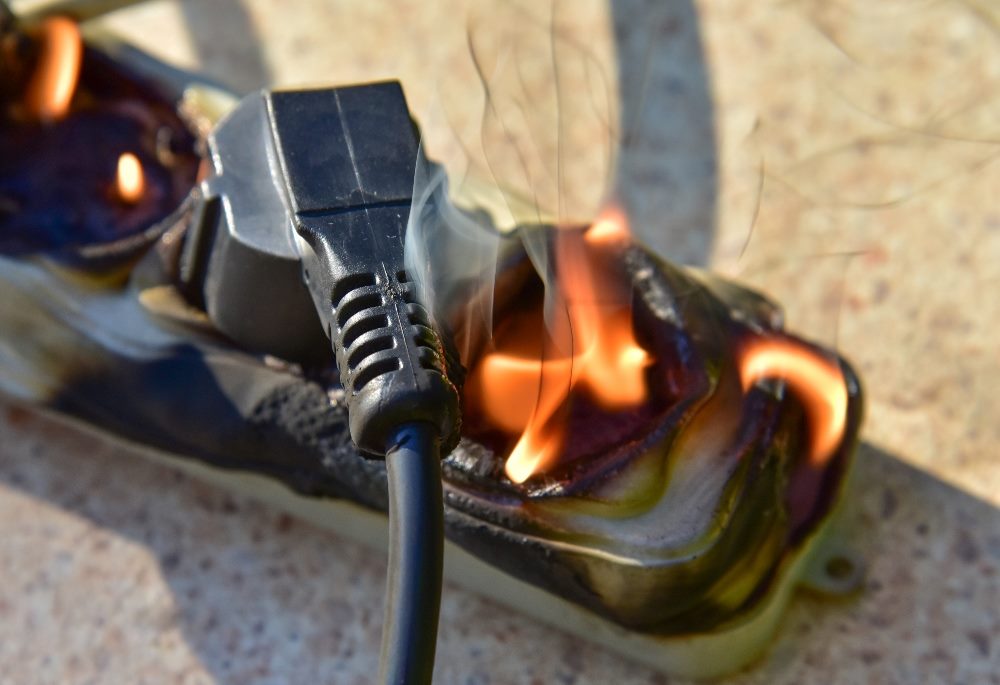 A close-up image of an electrical plug that is burning and melting in an overloaded power strip. The plastic around the plug is charred, with visible flames and smoke rising from the damaged area, indicating a dangerous electrical fire. The background shows a blurred surface, emphasizing the focus on the hazardous situation in piece about AI chatbot liability and other product liability issues.