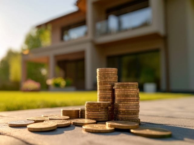 Residential backdrop with stacks of coins in the foreground, symbolizing real estate investment and financial growth, bathed in the warm glow of sunrise.