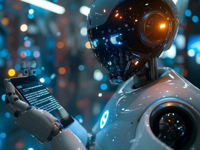 In an image generated with AI, a humanoid robot sends text messages using a handheld device.  