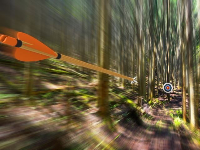 Arrow traveling through air at high speed to archery target with motion blur - on target content marketing concept