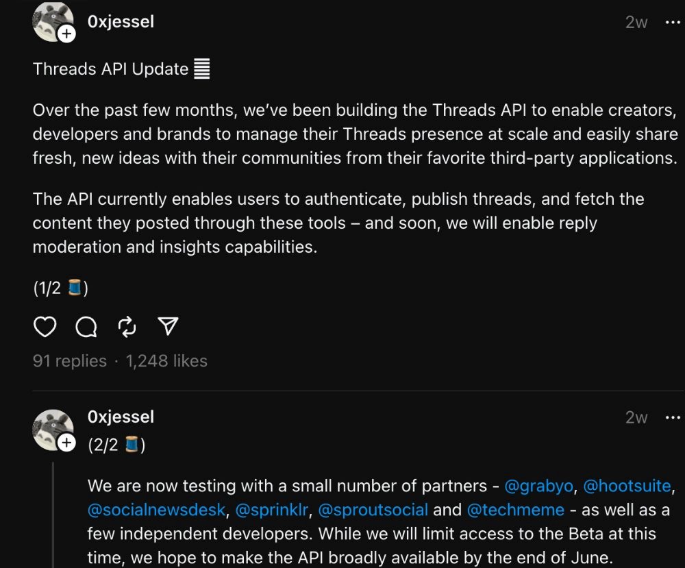 Screen shot of Jess Chen's, of Threads, announcement of the upcoming new Threads API.