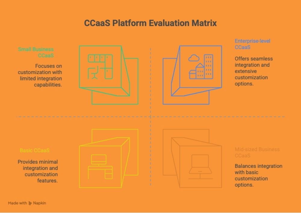 CCaaS Platform Evaluation Matrix with four quadrants showing Small Business CCaaS, Enterprise-level CCaaS, Basic CCaaS, and Mid-sized Business CCaaS, each describing integration and customization capabilities.