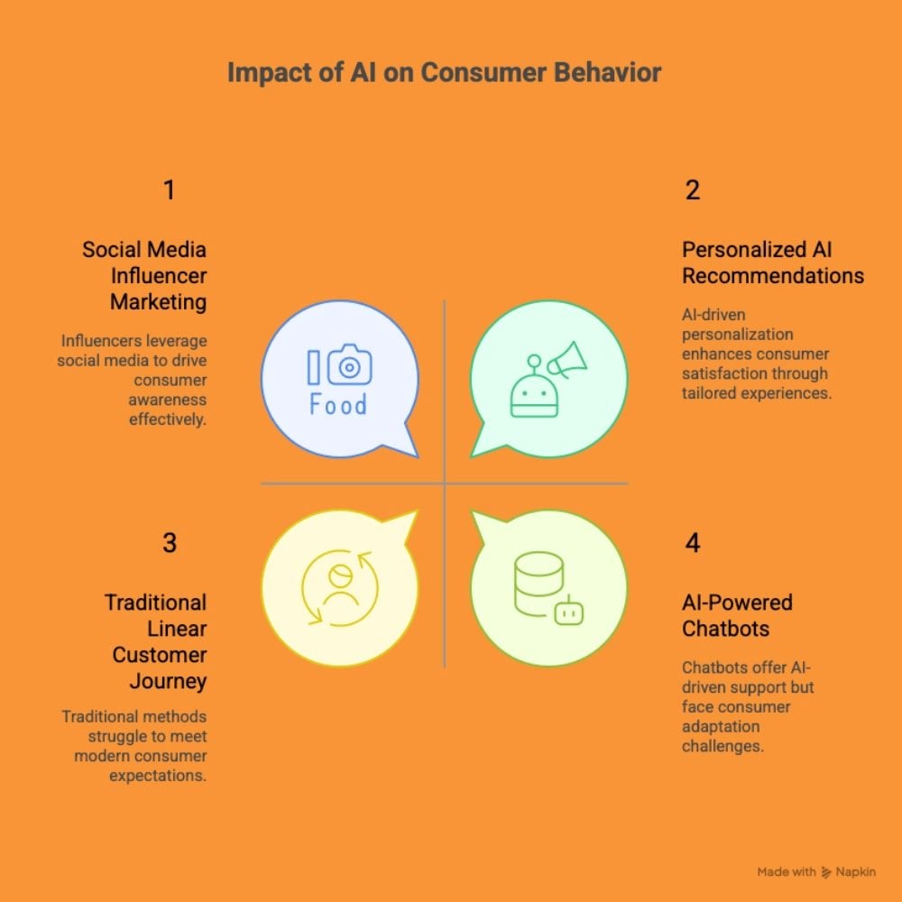 Infographic titled “Impact of AI on Consumer Behavior” showing four quadrants: 1) Social Media Influencer Marketing – influencers leverage social media to drive awareness; 2) Personalized AI Recommendations – AI enhances satisfaction through tailored experiences; 3) Traditional Linear Customer Journey – traditional methods struggle to meet expectations; 4) AI-Powered Chatbots – chatbots offer support but face adaptation challenges.