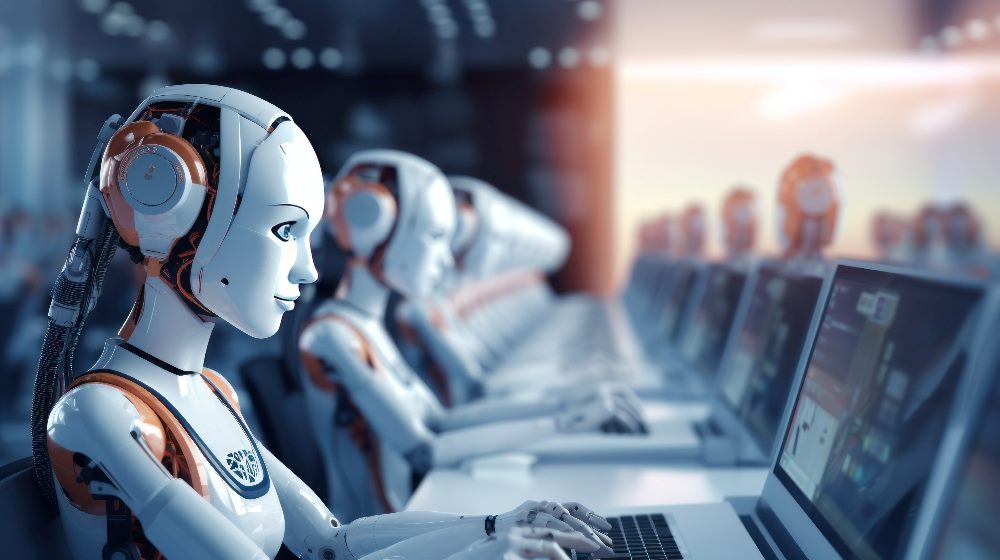 Artificial intelligence robots working at computers in a customer support center in piece about customer data analytics AI.