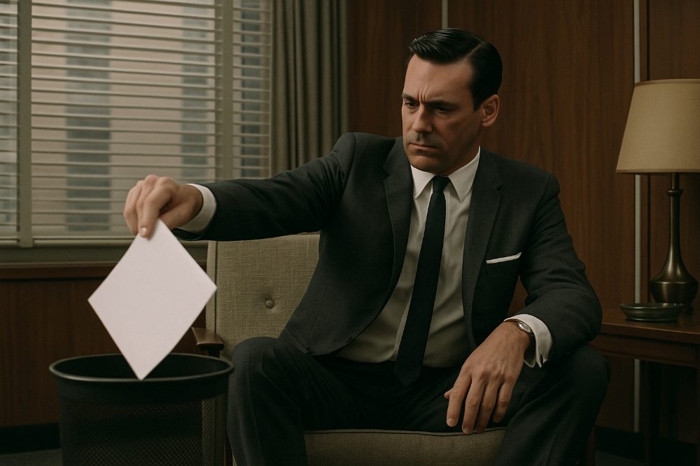 The character Don Draper throwing away a piece of trash, in an image generated by AI.