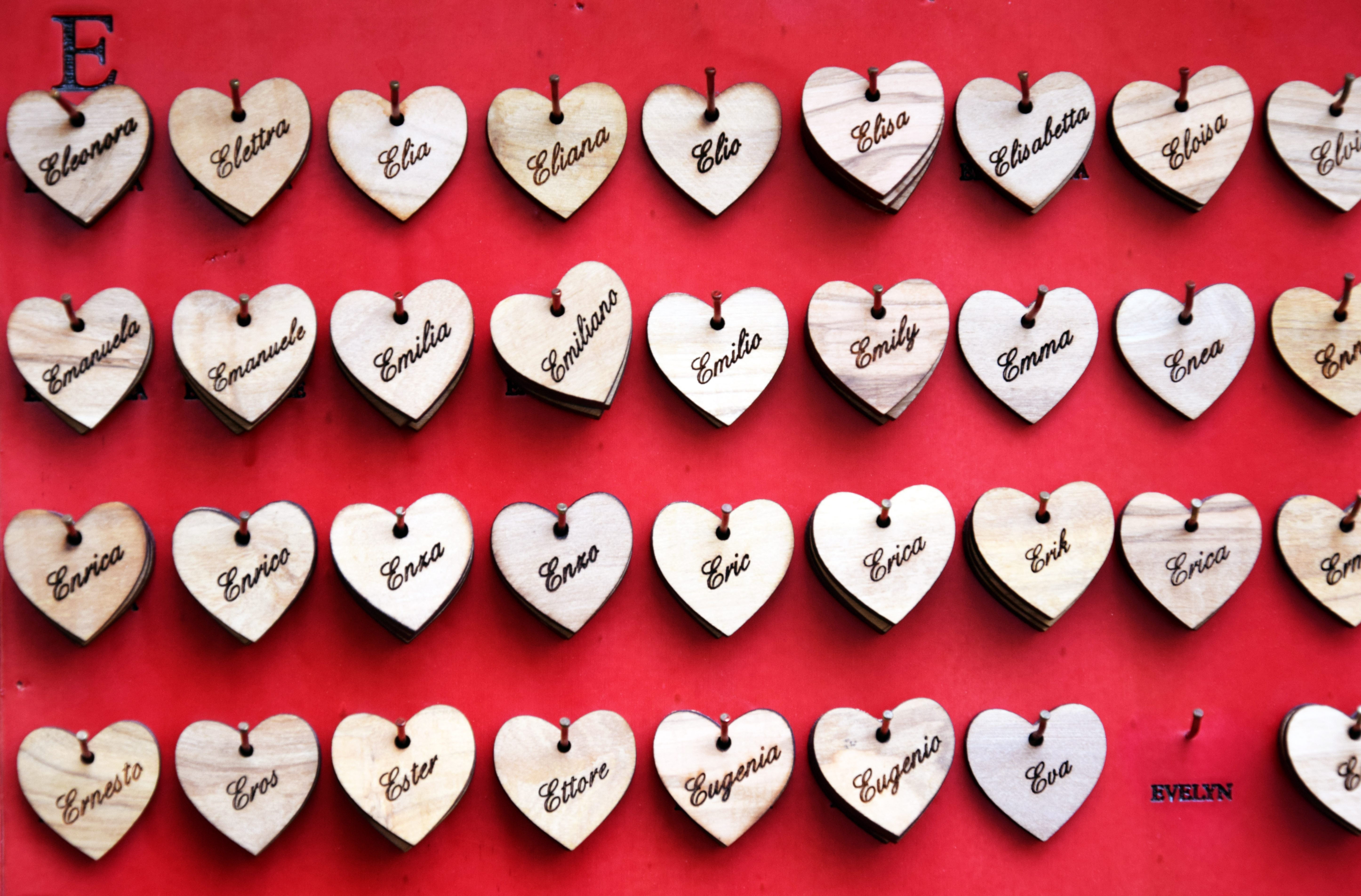 Personalized hearts with names that start with "E" for jewelry hang on a red  board, suggesting AI in marketing will bring about more personalization from brands. 