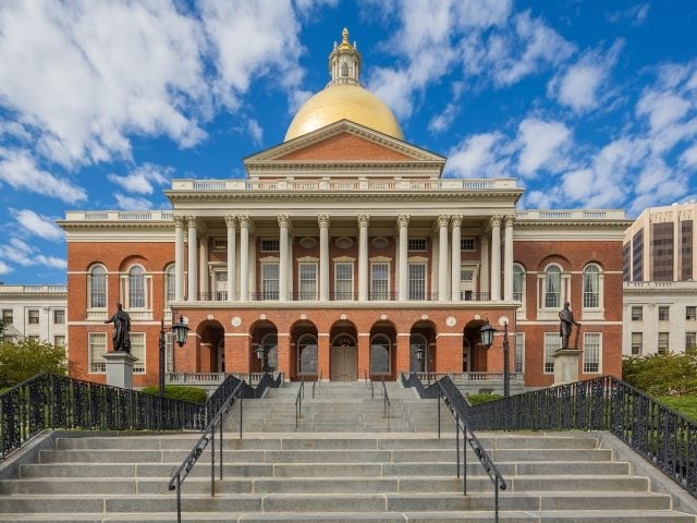 Front of the Massachusetts state capitol building in Boston.