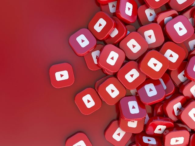  3D rendering a lot of YouTube square badges over red background. 