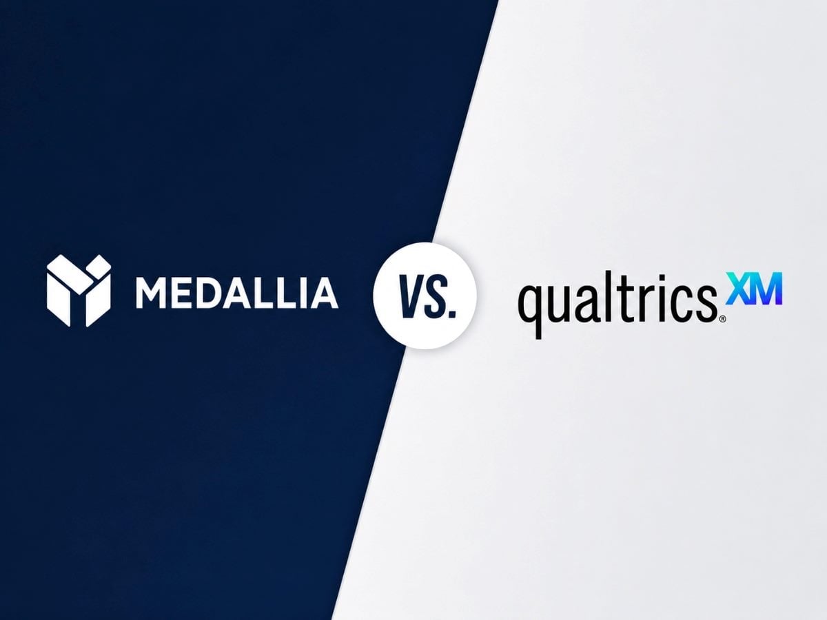 A minimalist split-screen graphic comparing Medallia and Qualtrics. The left side features the Medallia logo and wordmark on a dark navy background, while the right side shows the Qualtrics XM logo and wordmark on a light gray background. A circular “VS.” badge sits at the center where the two sides meet.