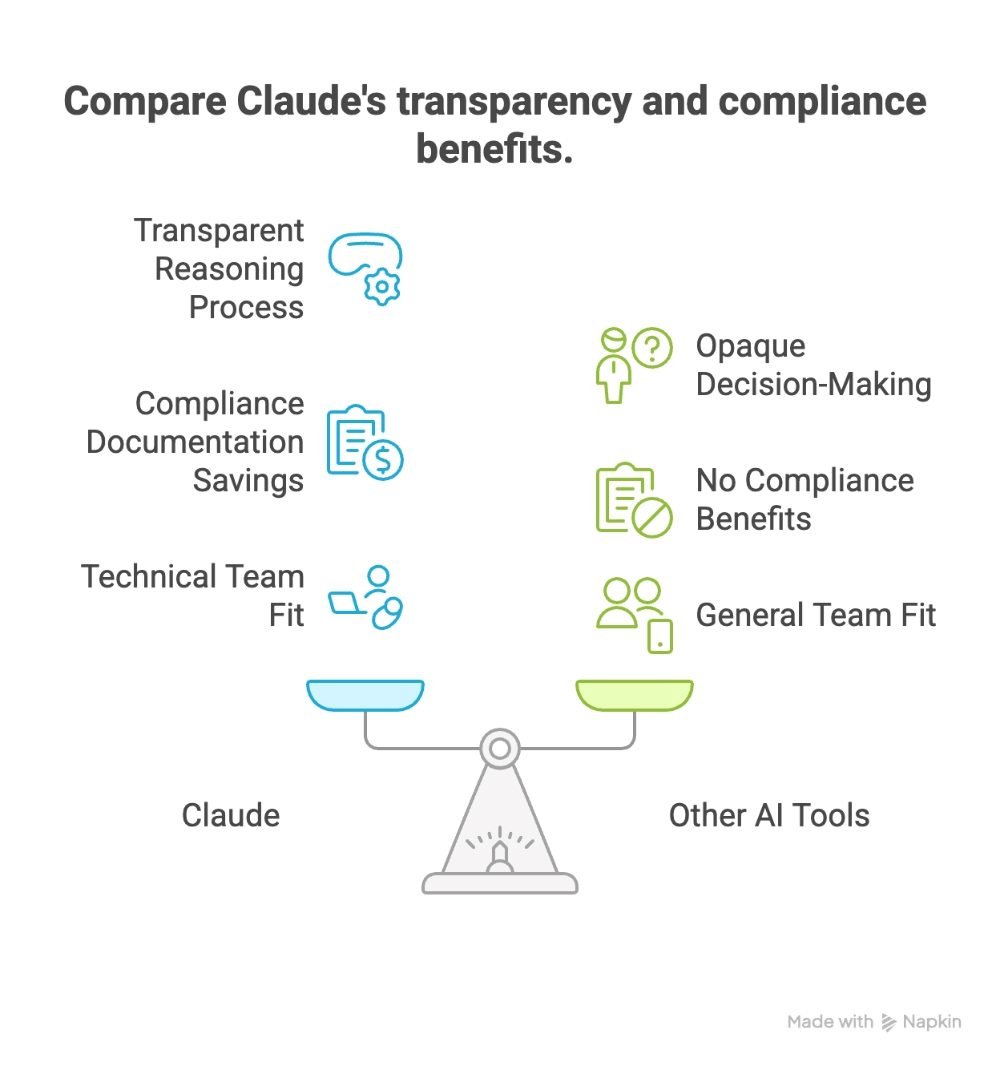 Comparison scale showing Claude’s transparency, compliance documentation savings and technical team fit versus other AI tools’ opacity and lack of compliance features.