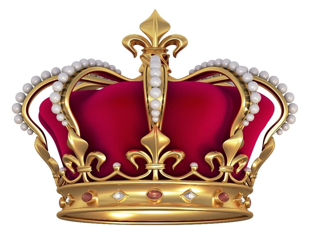 A golden crown with a red velvet interior with gems and pearls encrusted in design in piece about AI innovations.
