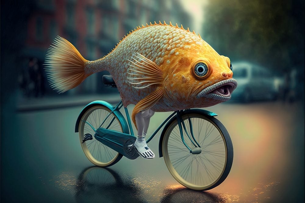 A gitant goldfish, which has grown legs, rides a bicycle in piece about D2C marketing strategy.