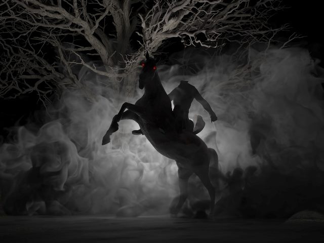 3d illustration of a headless horseman figure in fog with a dead tree behind it.