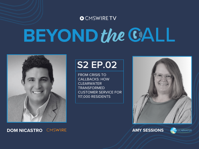dark blue thumbnail image for CMSWire TV's show interview titled Beyond The Call with host Dom Nicastro and guest Amy Sessions