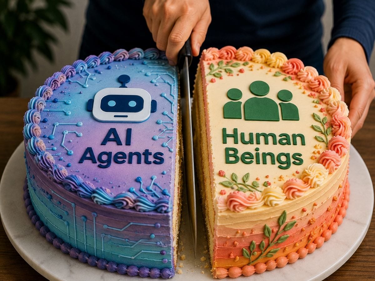 In an image created with AI, a colorful frosted cake is being sliced down the middle by a person holding a knife. The left half, decorated in blue and purple frosting with circuit-board patterns and a robot icon, is labeled “AI Agents.” The right half, decorated in peach, pink and cream frosting with floral accents and human figures, is labeled “Human Beings.” The image symbolizes the division and relationship between AI-driven agents and human workers.