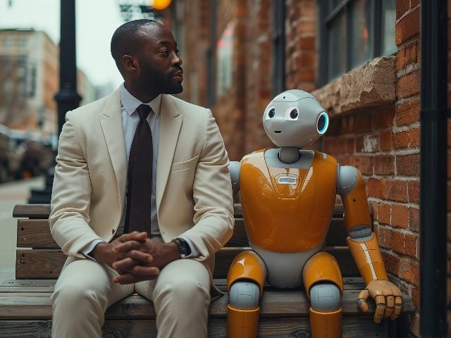  Man sitting on bench with cyborg robot in an image generated by AI. 