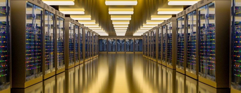 A huge data storage center with lights visible on storage units and light coming from above in piece about the lack of data sustainability.