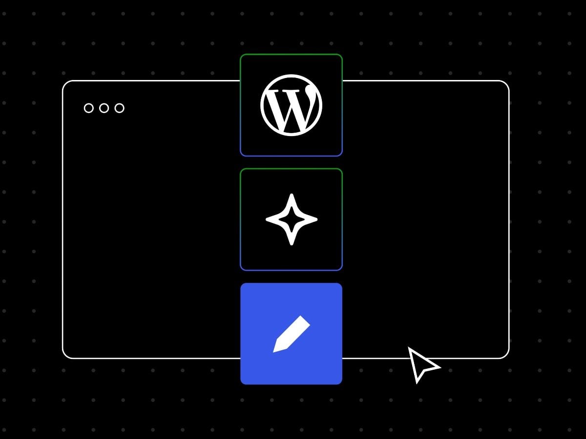The WordPress logo, an AI sparkle icon, and a pencil write icon displayed as stacked app tiles inside a browser window frame, illustrating AI-powered content creation on WordPress.com.