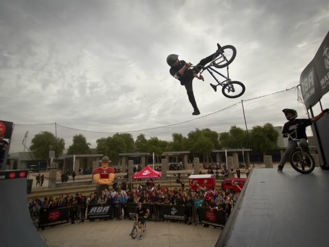 in flight off of bike ramp