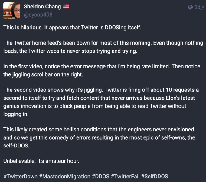 Sheldon Chang’s Mastodon post on Twitter DDOSing itself.