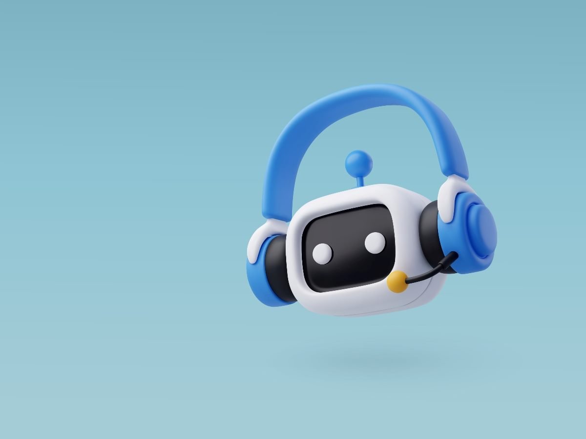 A 3D cartoon-style chatbot wearing a blue headset and microphone, floating against a blue gradient background.