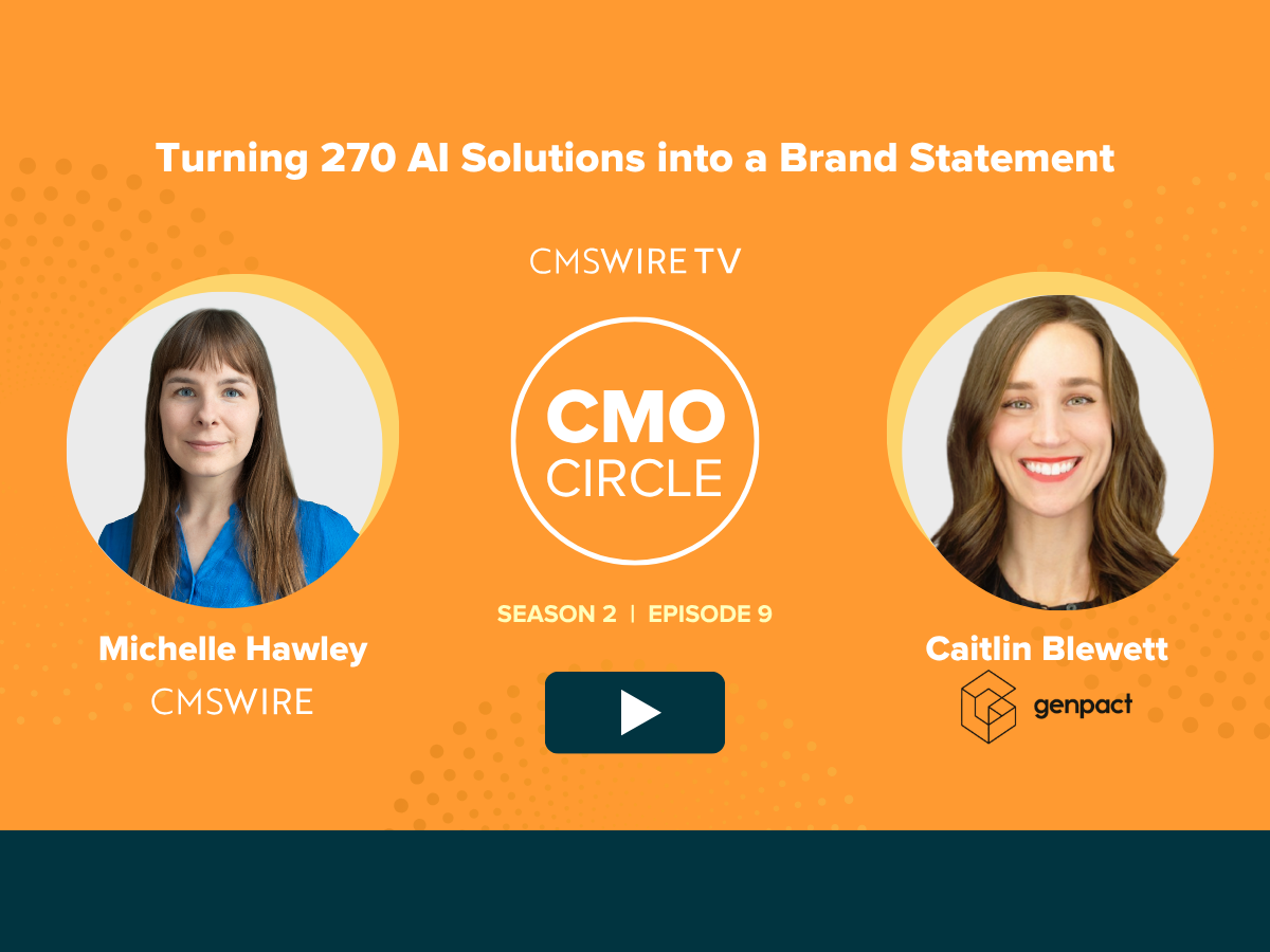 Orange background with two circular headshots of CMSWire TVs host, Michelle Hawley and guest Caitline Blewett