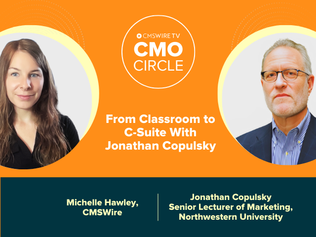 CMO Circle show thumbnail. Orange background with two circular headshots; one of host Michelle Hawley and the second of the guest Jonathan Copulsky