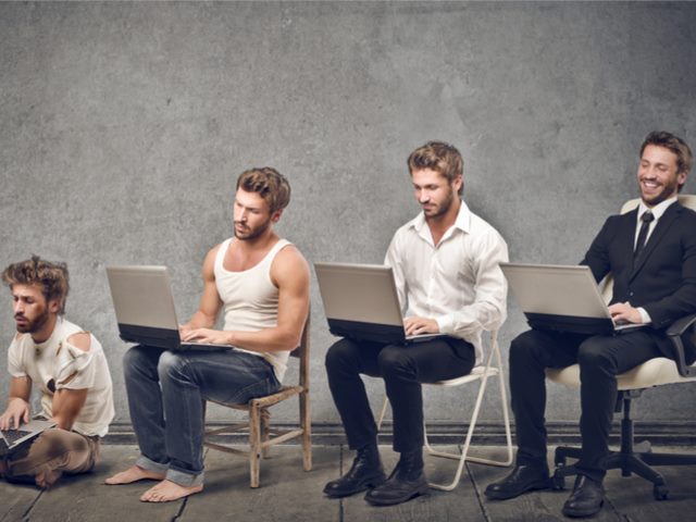 4 men in different stages of evolution of business. Evolution concept.
