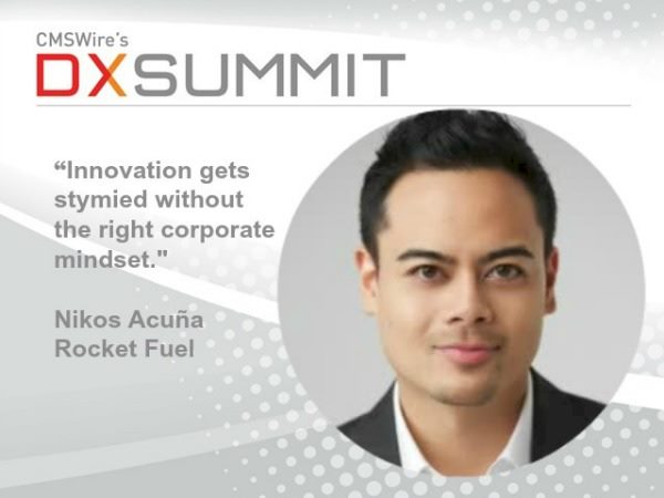 headshot of nikos acuna and a quote from acuna, a DX Summit speaker