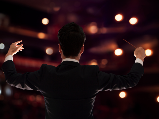 A young conductor with baton raised at a performance. We are looking from the rear view of the conductor at the audience.