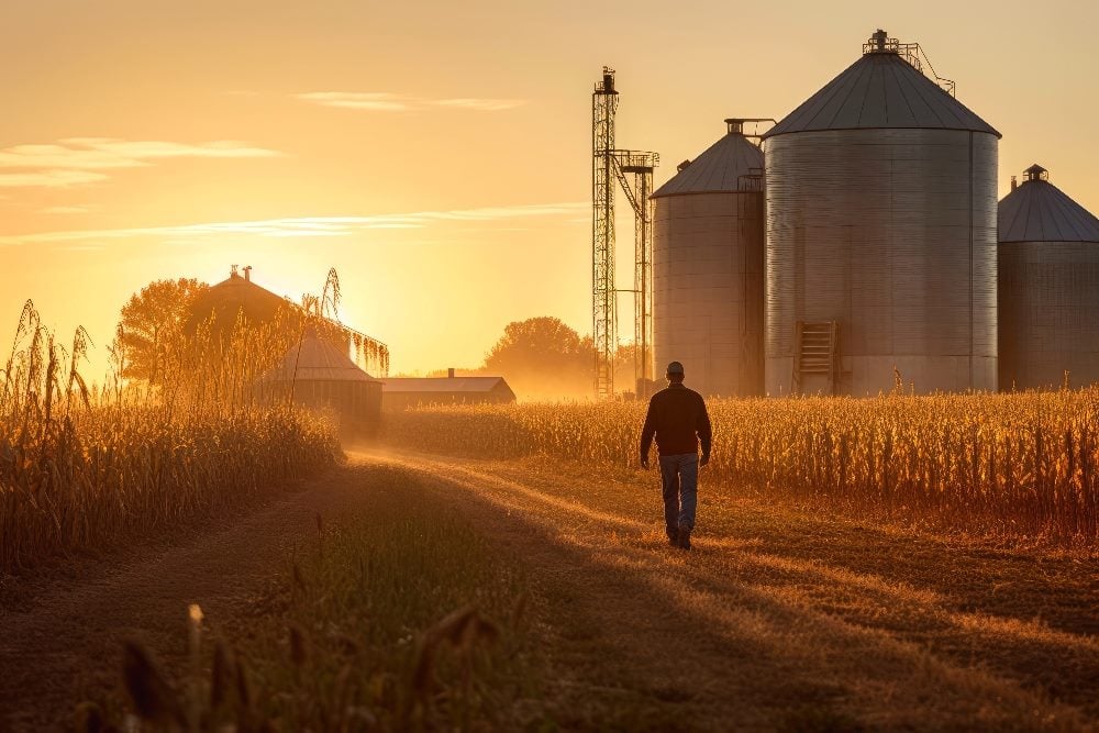Farmer walking through the corn field at dawn or sunset, grain silo in the distance, depicting rural life and agriculture. in piece about customer experience transformation.
