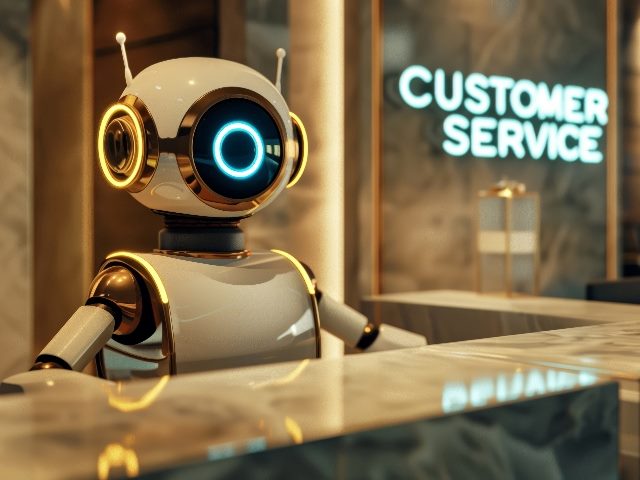  A robot receptionist at a customer service desk in a modern setting, with a "customer service" sign in the background, in an image generated with AI.  